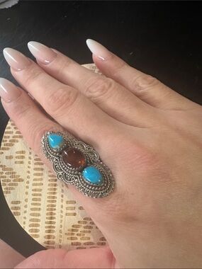 925 sterling silver turquoise and amber ring
